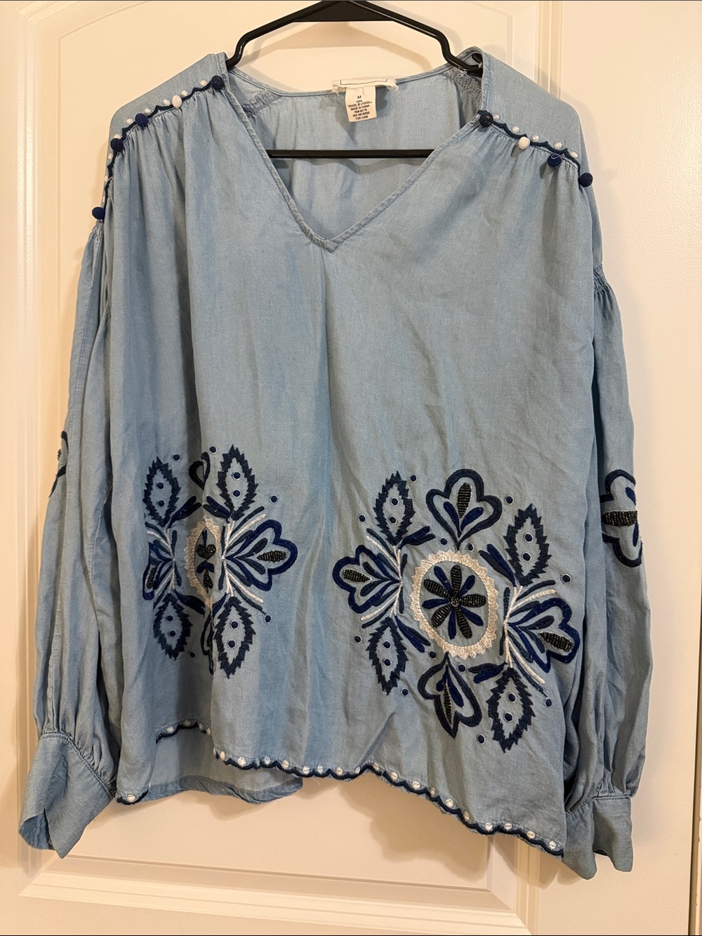 For The Republic Light Blue Embroidered V-Neck Blouse